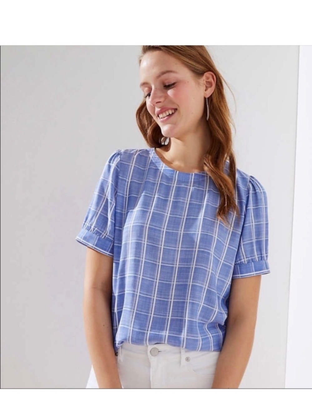 Loft blouse blue with white windowpane plaid design